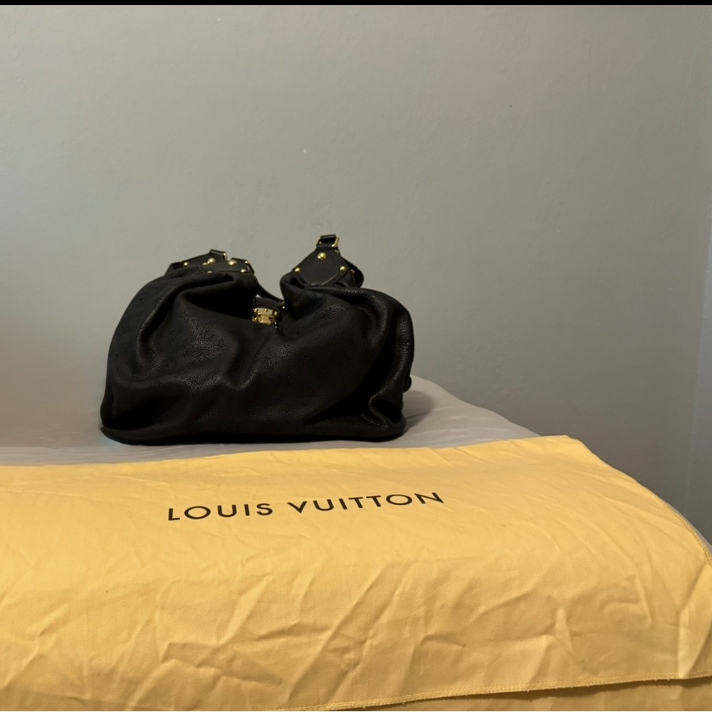 Louis Vuitton Black Hobo Mahina Bag with Gold Accents